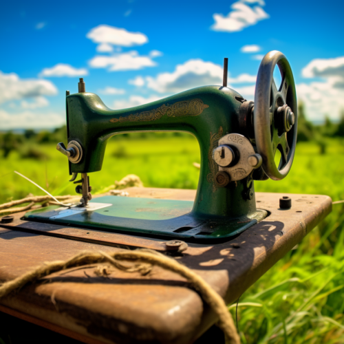 machine a coudre posée au milieu d'un champ